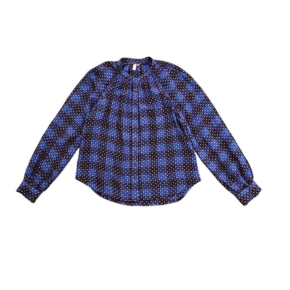 Pilcro Anthropologie Blue Plaid Embroidered Ruffle Sleeve Boho Blouse Womens M